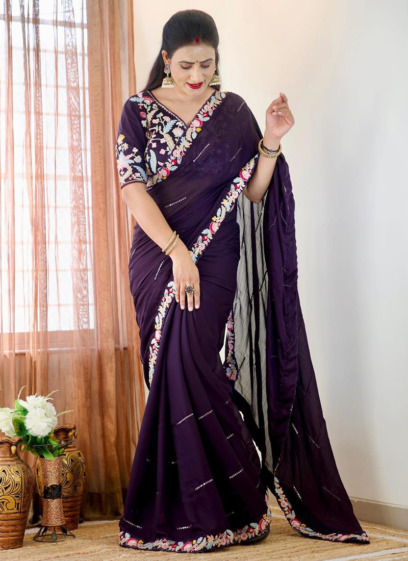 Buy Chiffon Wine Party Wear Embroidery Work Saree Online From Wholesale Salwar